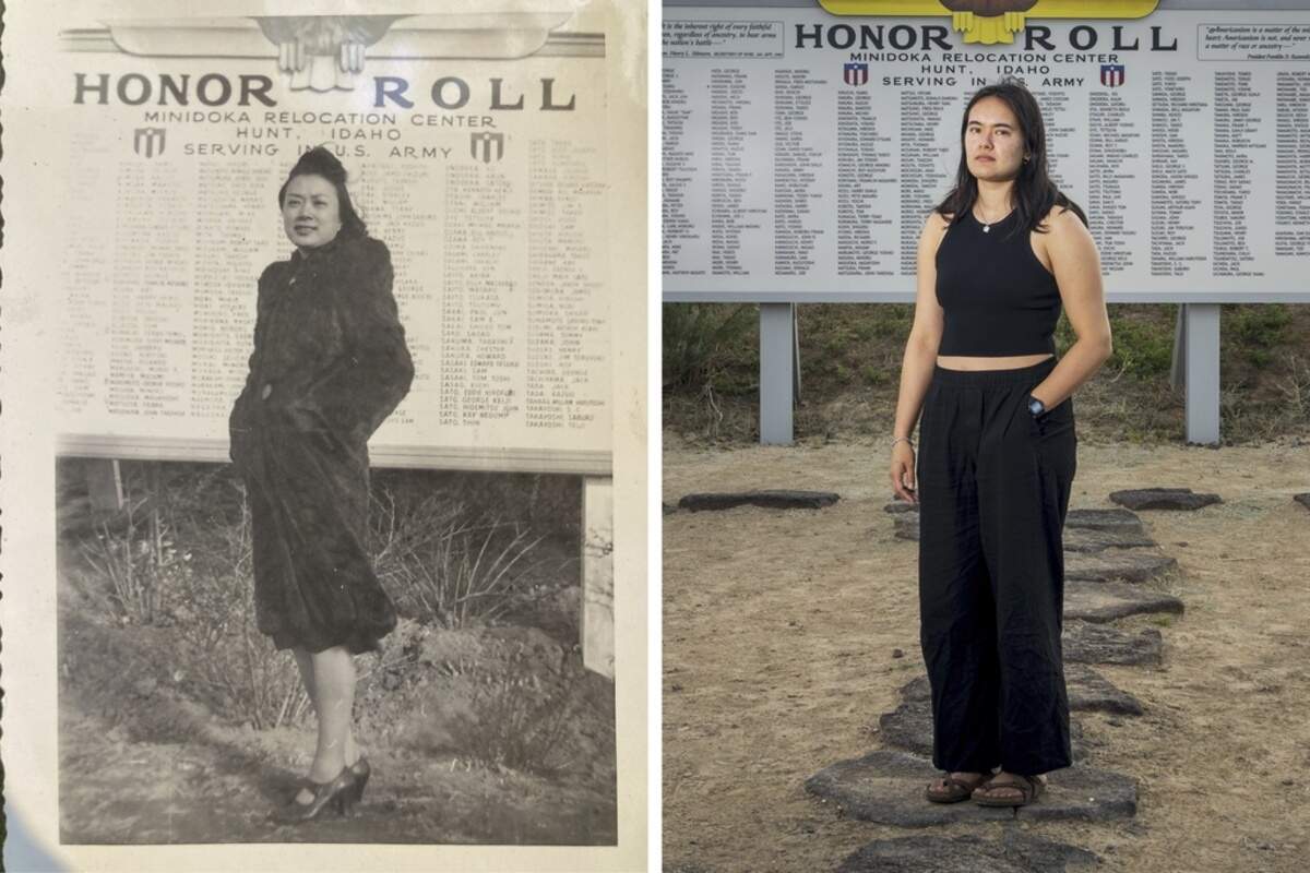 In this combination of photos, Rose Kokubu Fujisaki, grandmother of Tessa Fujisaki, is photographed in front of the Honor Roll at Minidoka in 1943 and Tessa Fujisaki poses at the same location in July.