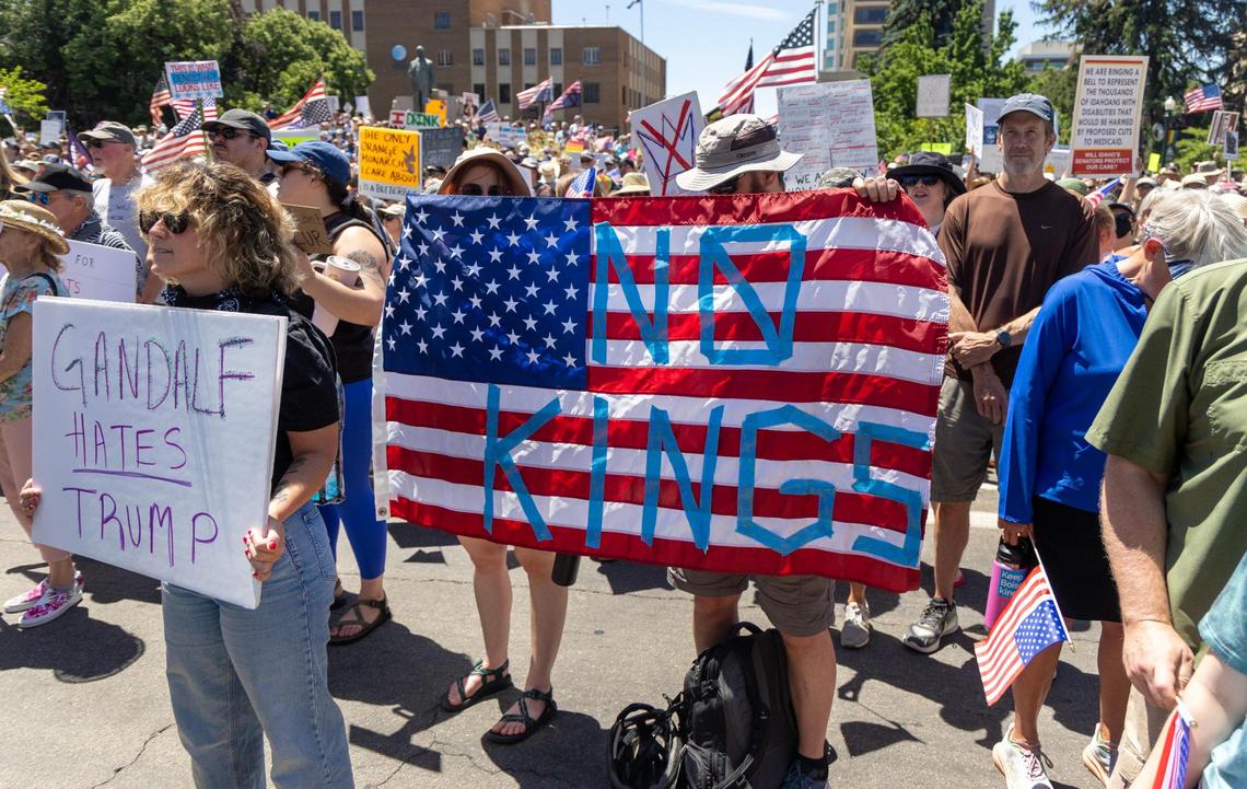 Thousands of protesters gathered outside of the Idaho Capitol Building in Boise Saturday, June 14, 2025 as part of the national “No Kings” protests against President Donald Trump and his administration.