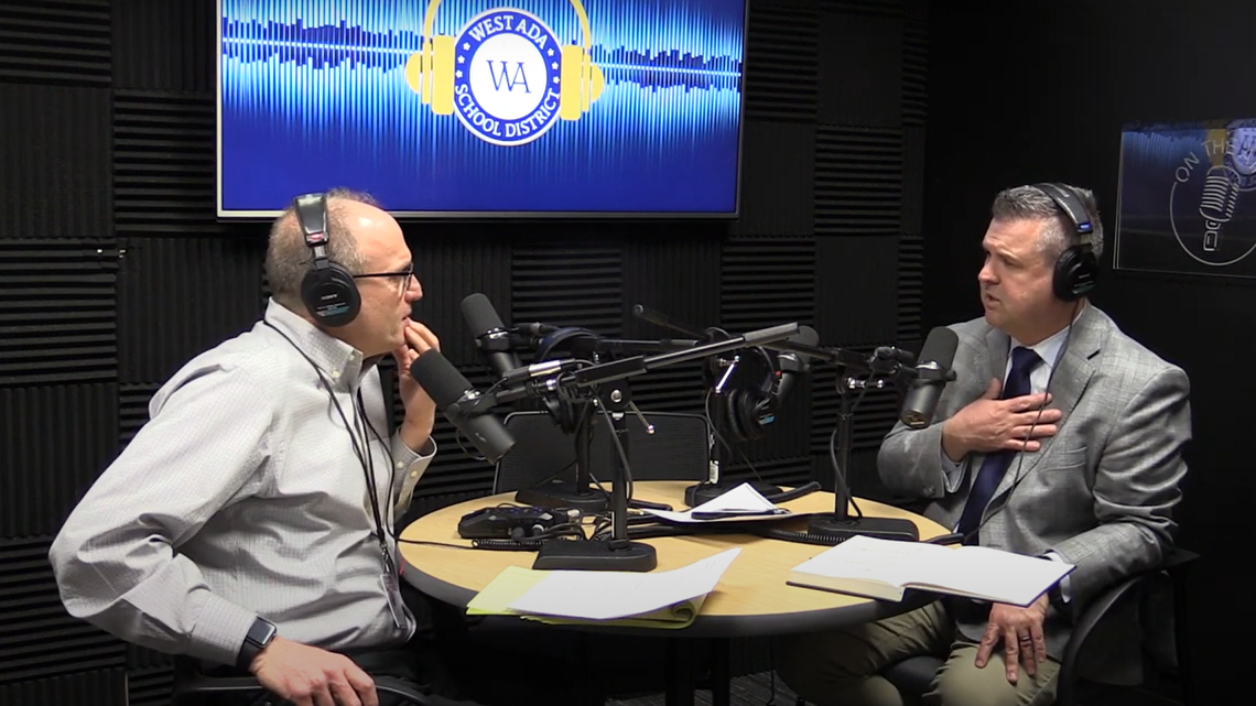 West Ada School District Chief Academic Officer Marcus Myers, right, is shown preparing for a podcast appearance.