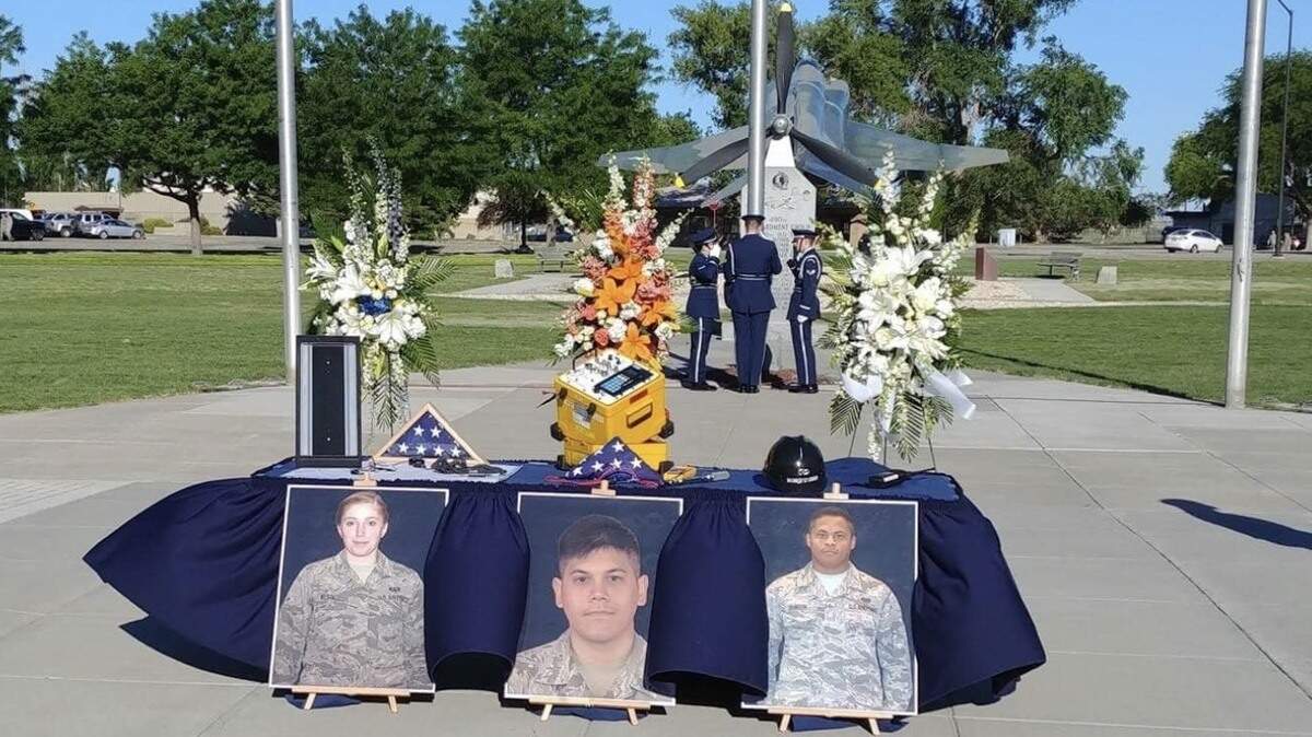 A memorial service was held at Mountain Home Air Force base to honor the airmen who died in a crash on June 16, 2018. They are, from left, Senior Airman Karlie Westall, Senior Airman Lawrence Manlapit and Senior Airman Carlos Johnson.