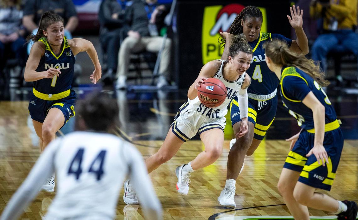 Darian White dribbles up court through Northern Arizona traffic to ignite Montana State’s offense in the first quarter Wednesday.