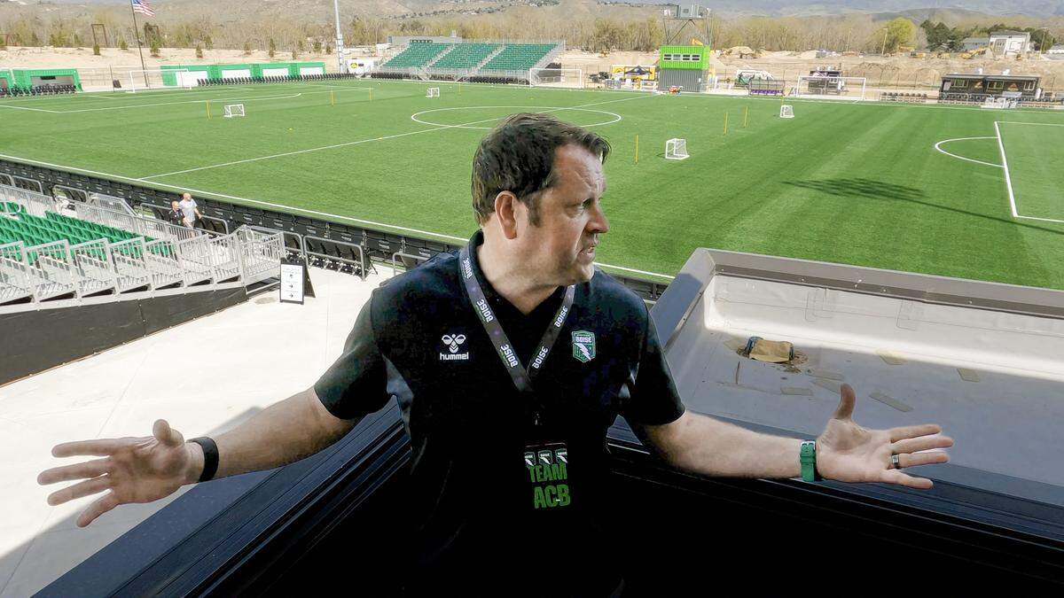 Athletic Club Boise CEO and Co-founder Brad Stith describes the view from the Turf Club while hosting a tour of the remodeled stadium and pitch at Expo Idaho in Garden City, Saturday, March 28, 2026.