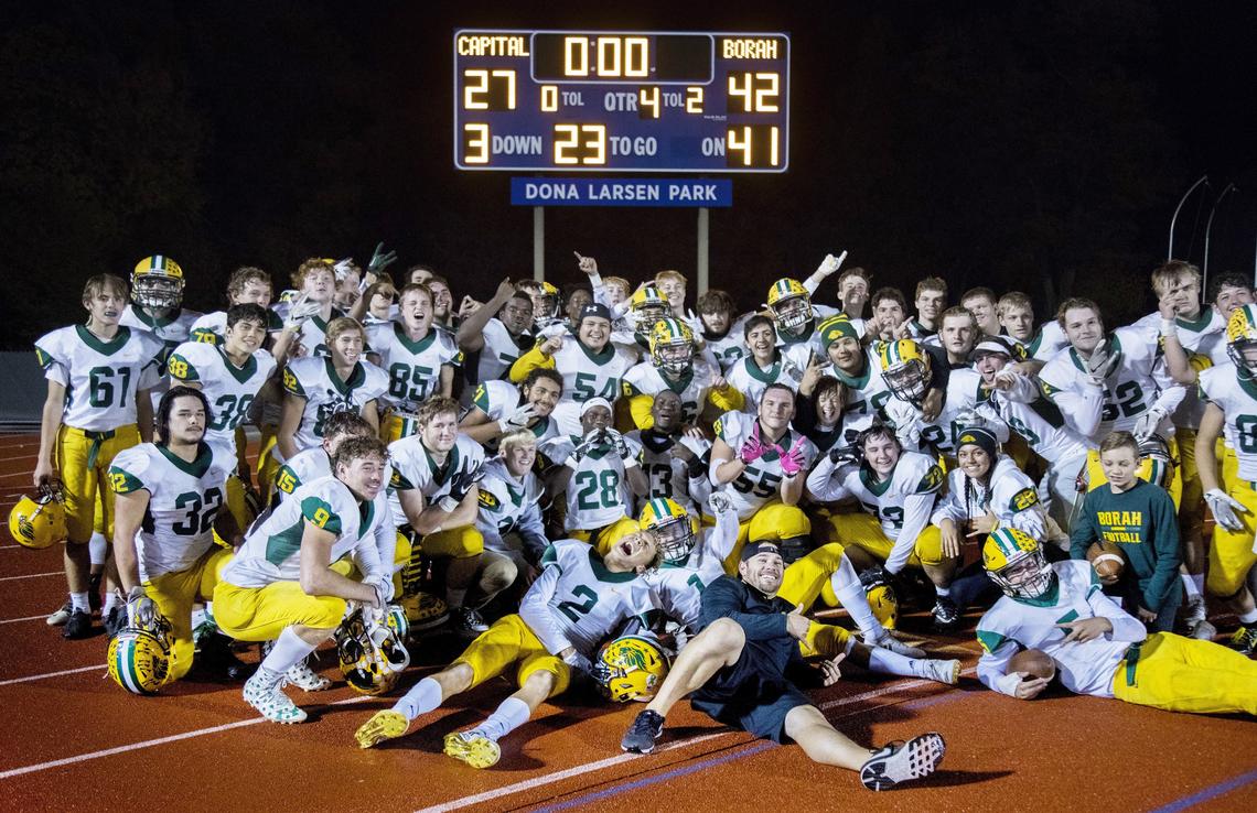 Borah beat rival Capital 42-27 - and took a photo under the scoreboard to document the victory - in the first round of the 5A football state playoffs on Friday, Oct. 26, 2018, at Dona Larsen Park.