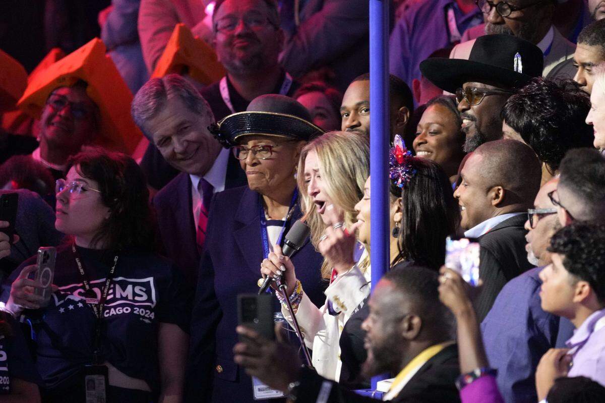 North Carolina Democratic Party chair Anderson Clayton joins state delegates to cast their votes in the ceremonial roll call Tuesday during the Democratic National Convention at the United Center in Chicago.