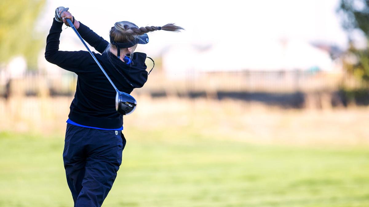 Timberline’s Ella Arnzen tees off during the 6A District Three Girls Golf Tournament on Tuesday at the Boise Ranch Golf Course.