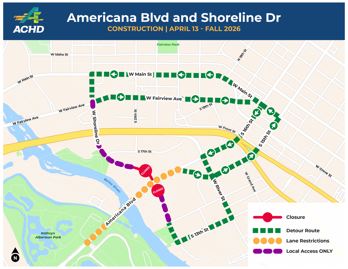 A map from the Ada County Highway District shows the road closures and detour routes available.