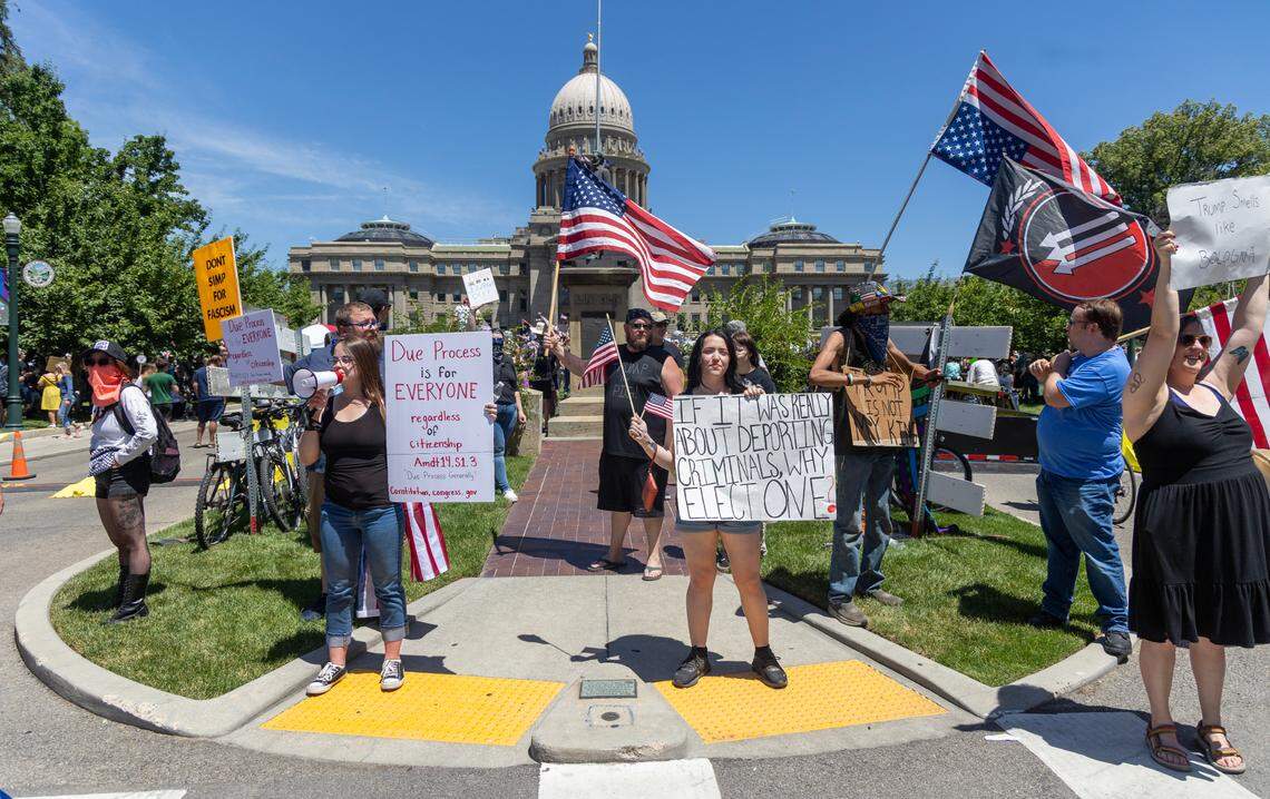 Thousands of protesters gathered outside of the Idaho Capitol Building in Boise Saturday, June 14, 2025 as part of the national “No Kings” protests against President Donald Trump and his administration.