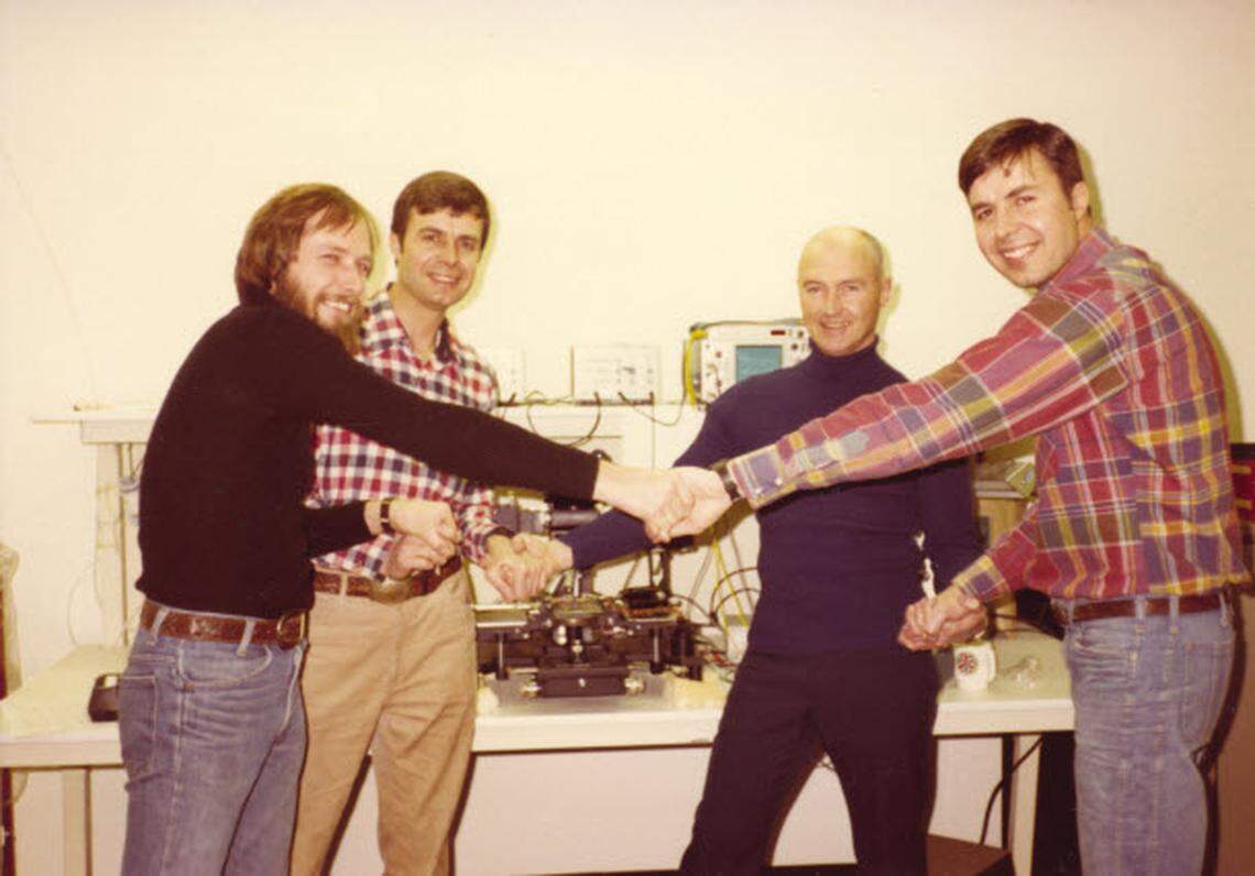 Early members of Micron’s team in 1978 included, from left, cofounder Dennis Wilson, cofounder Joe Parkinson, employee Bob Pratt and cofounder Ward Parkinson, Joe’s twin brother.