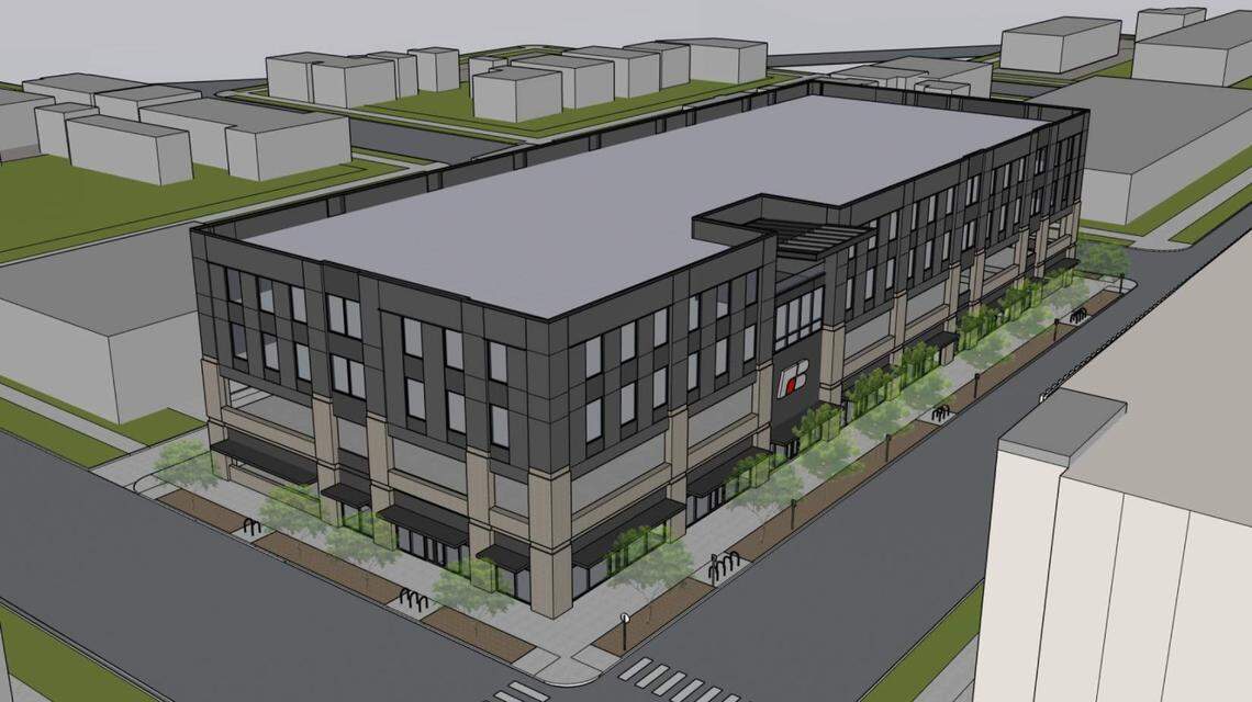 This northeast-facing aerial rendering shows the proposed building.