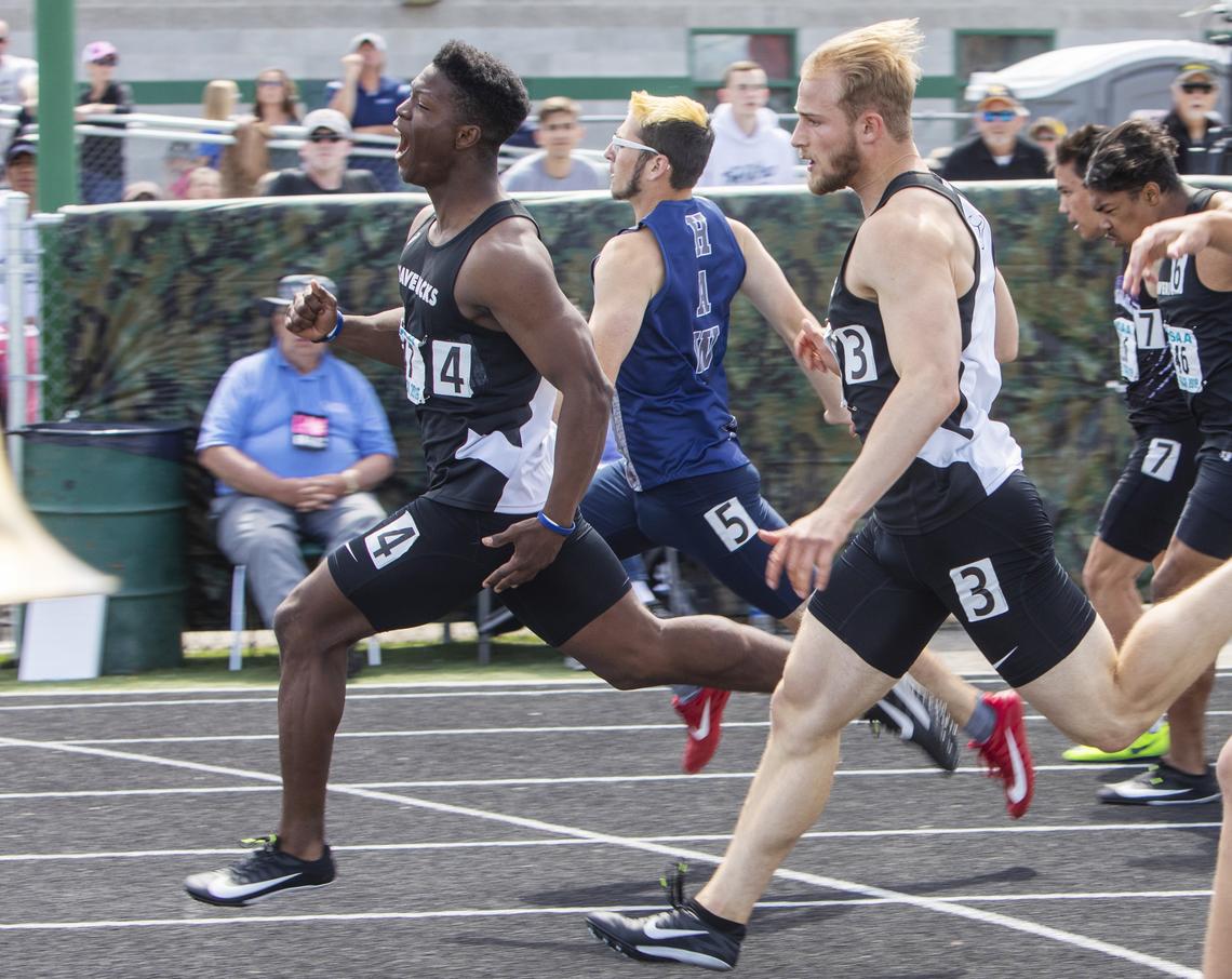 Mountain View’s Jaymon Barrus takes first in the 5A boys 100 meter dash at the Idaho state track and field championships at Eagle High School on Saturday, May 18, 2019.