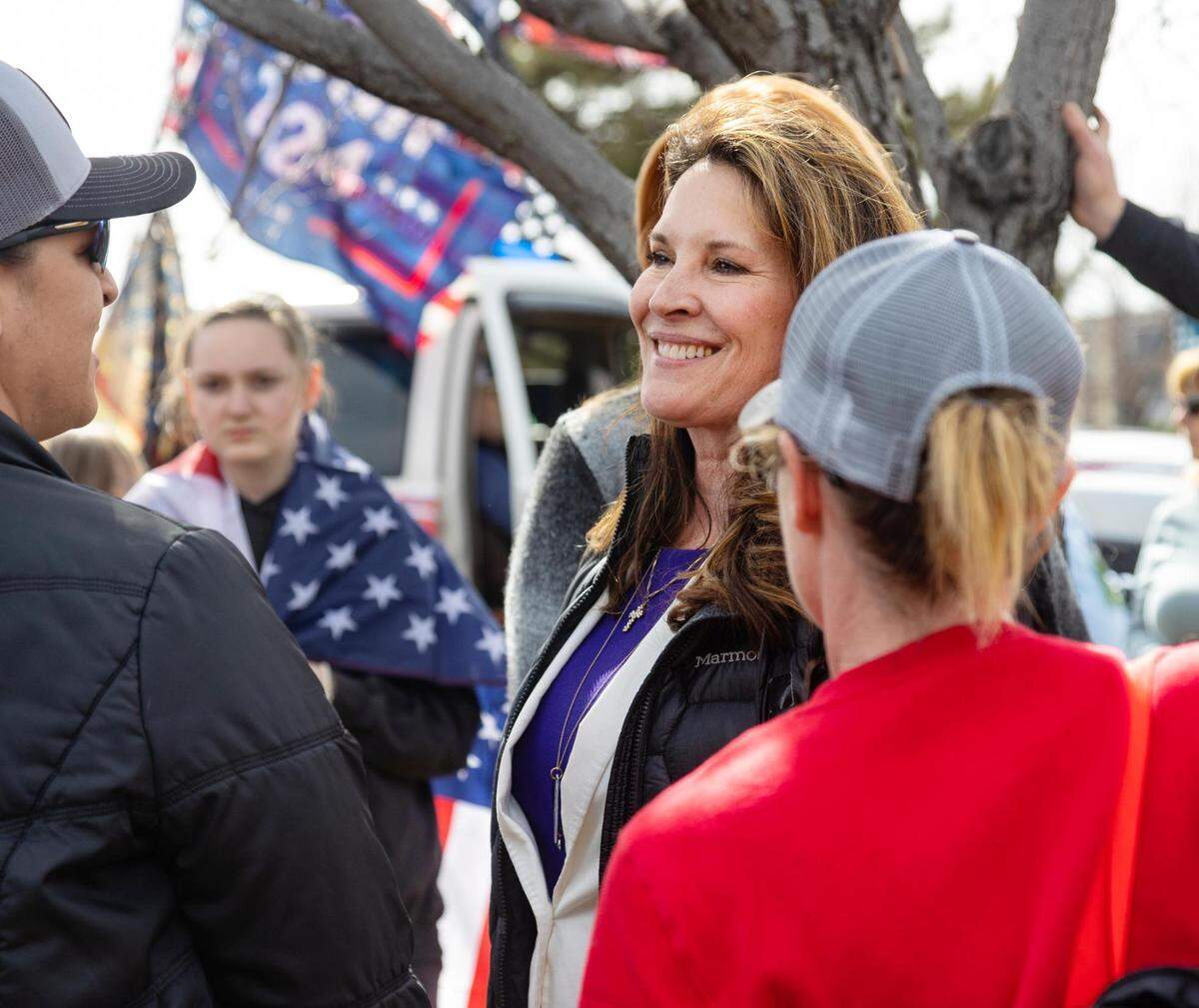Idaho Lt. Governor Janice McGeachin arrives at a rally to support semi-truckers and protest against COVID-19 vaccination mandates for employment held in Boise in March.