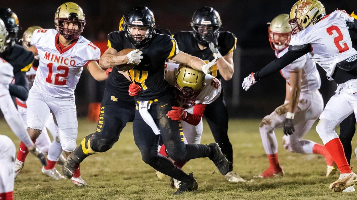 Bishop Kelly running back Peter Minnaert ran for 110 yards and two TDs to lead the Knights to a 33-15 win over Minico in the 4A state semifinals at Bishop Kelly High.