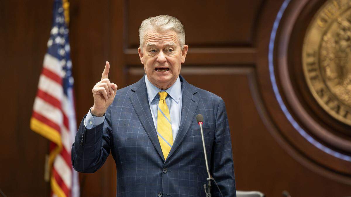 Idaho Gov. Brad Little addresses members of the Idaho Press Club, Capitol Correspondents Association and attendees of the 2026 Legislative Preview in the Lincoln Auditorium at the Idaho Statehouse, Thursday, Jan. 8, 2026.