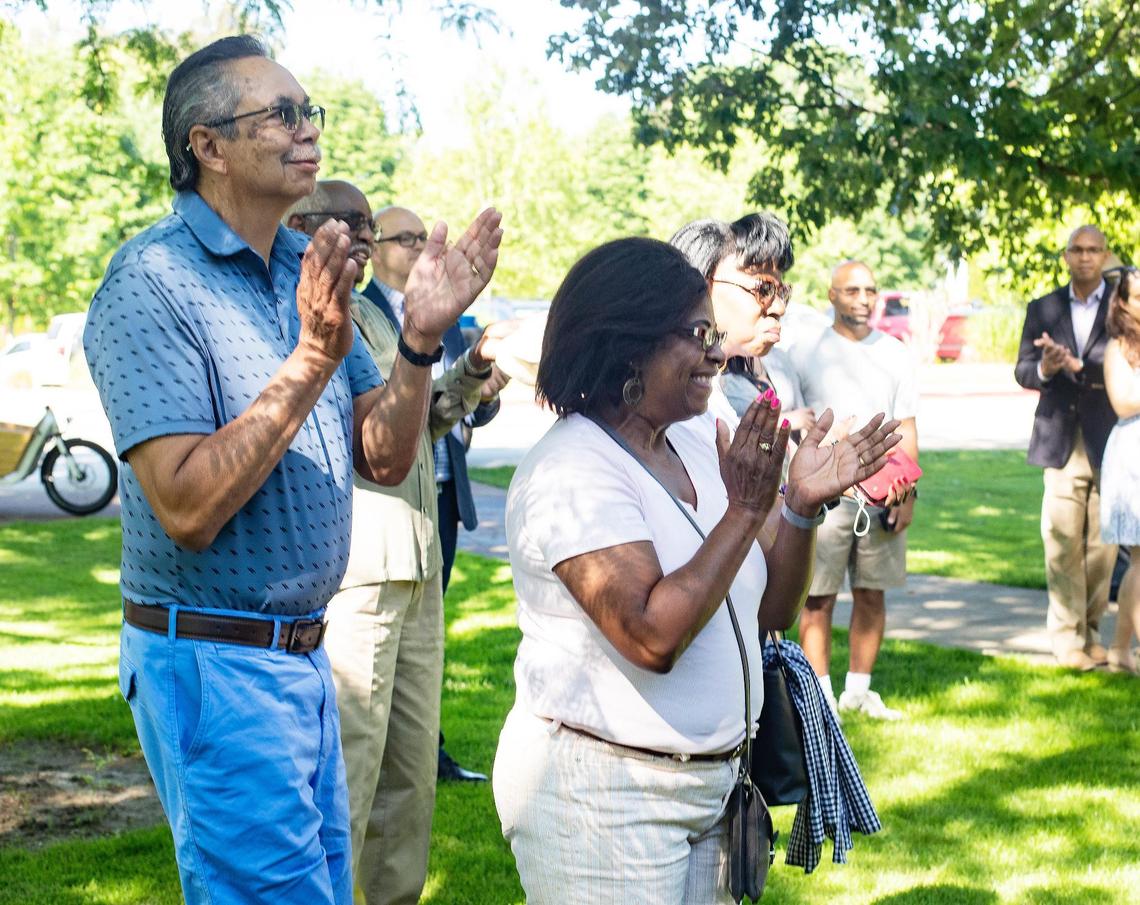 Dennis Patterson and Lavonna Patterson of Boise applaud during a Juneteenth celebration at the Idaho Black History Museum in Boise on Saturday, June 19, 2021. Juneteeth was made a federal holiday this year.