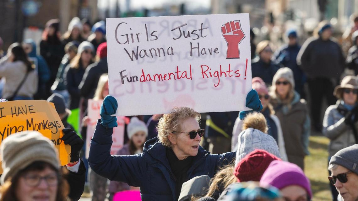 People attend a rally at the Idaho State Capitol for the Idaho Women’s March in January 2025.