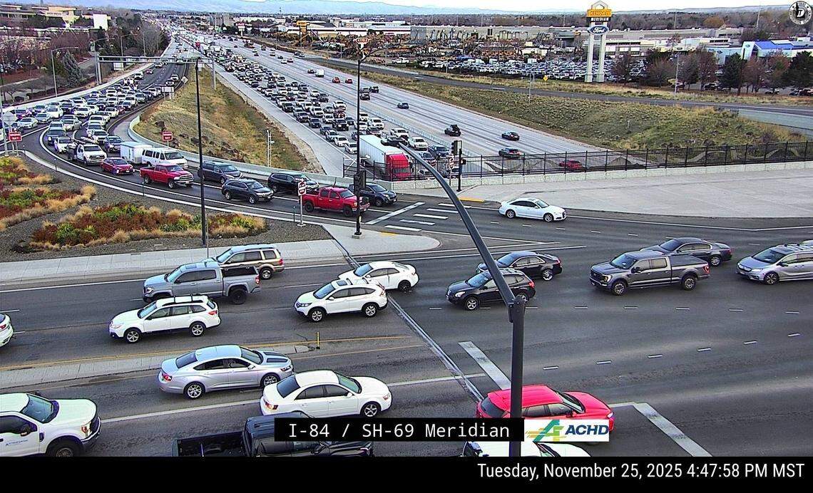 Traffic backs up along I-84 in Meridian following a crash Tuesday.