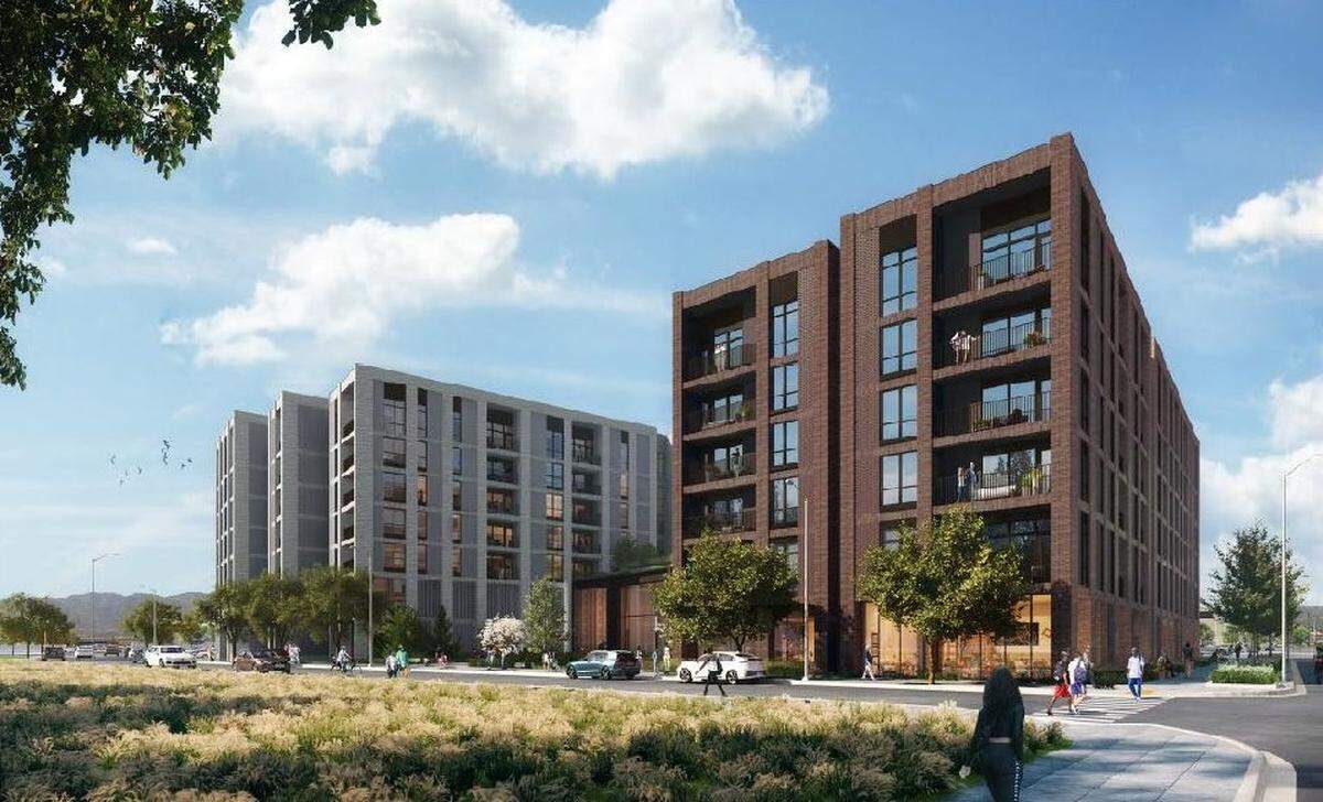 This rendering shows a northeast-facing view from the corner of West Fairview Avenue and South 28th Street. Plans call for South 28th Street to be extended from Main Street to Fairview Avenue.