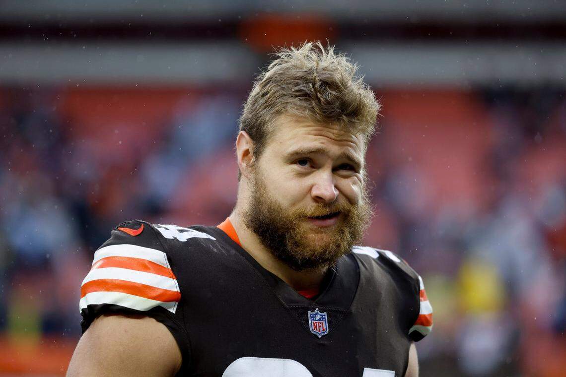 Cleveland Browns defensive end Porter Gustin walks off of the field after a game against the Detroit Lions on Sunday in Cleveland. Gustin attended Emmett High School until his family moved to Utah.
