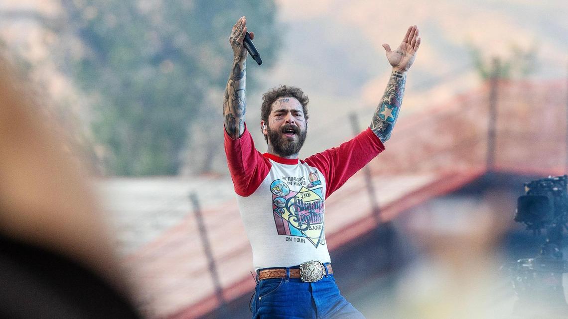 Post Malone performs early in the show during his Big Ass Stadium Tour stop in Idaho at Boise State’s Albertsons Stadium.