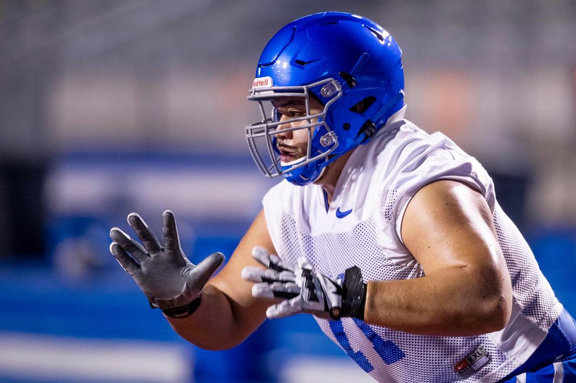 Boise State offensive lineman Dante Harrington drills with the linemen during the Broncos’ first spring practice Friday, March 6, 2020 at Albertstons Stadium in Boise.