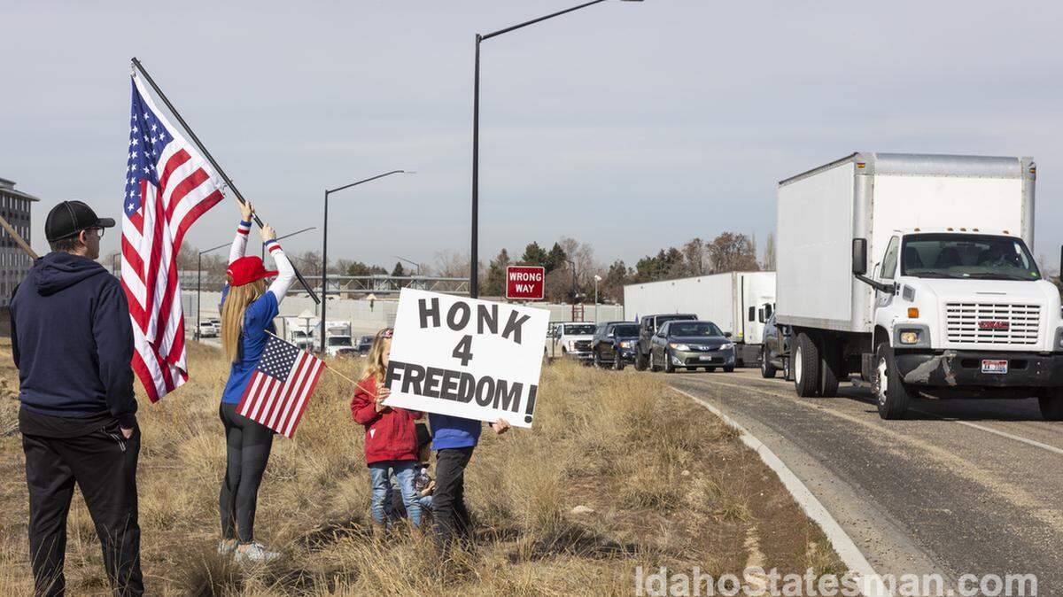 Truckers protesting vaccine mandates in Idaho last month. One such convoy is headed from Washington, D.C., to California.