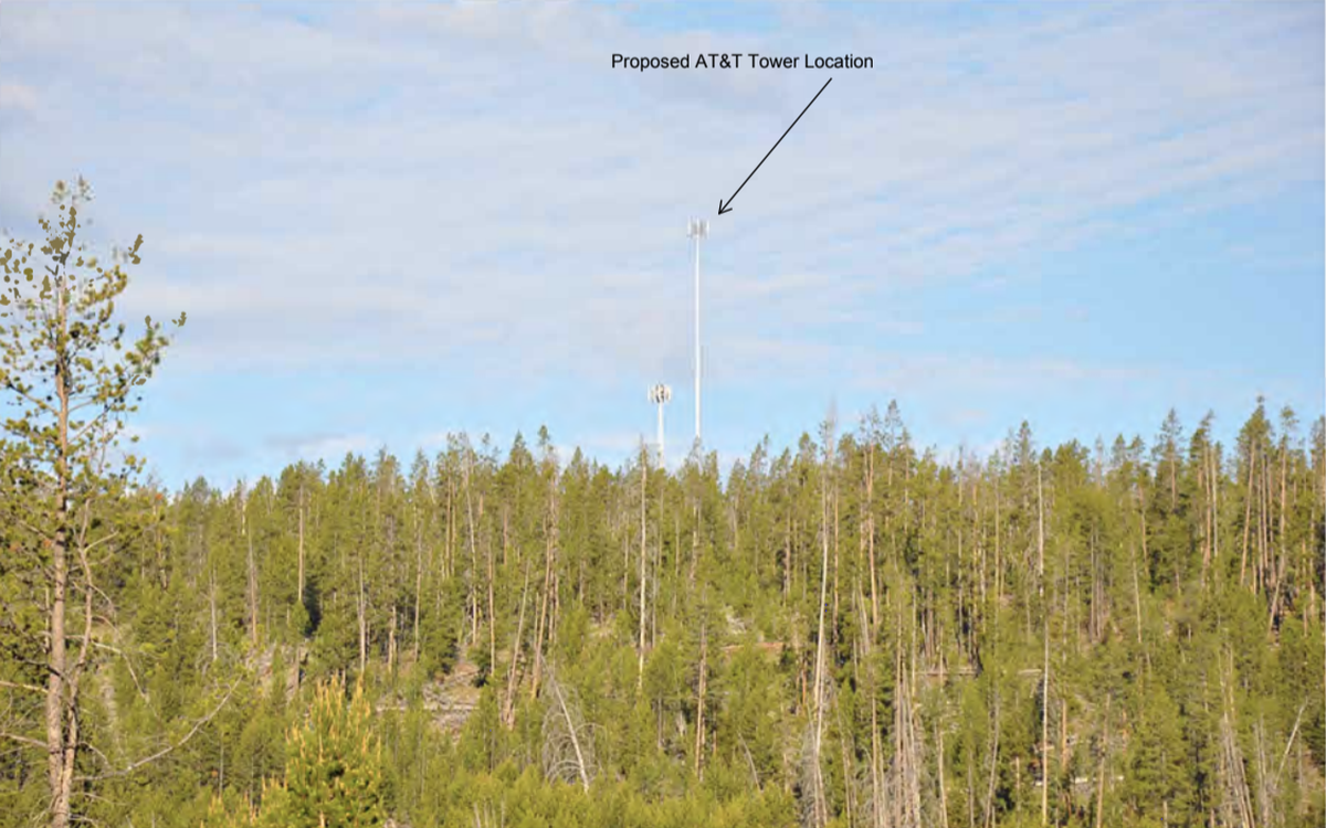 An AT&T rendering shows what the views would look like from the east of its proposed 195-foot cell tower in the Sawtooth Valley.