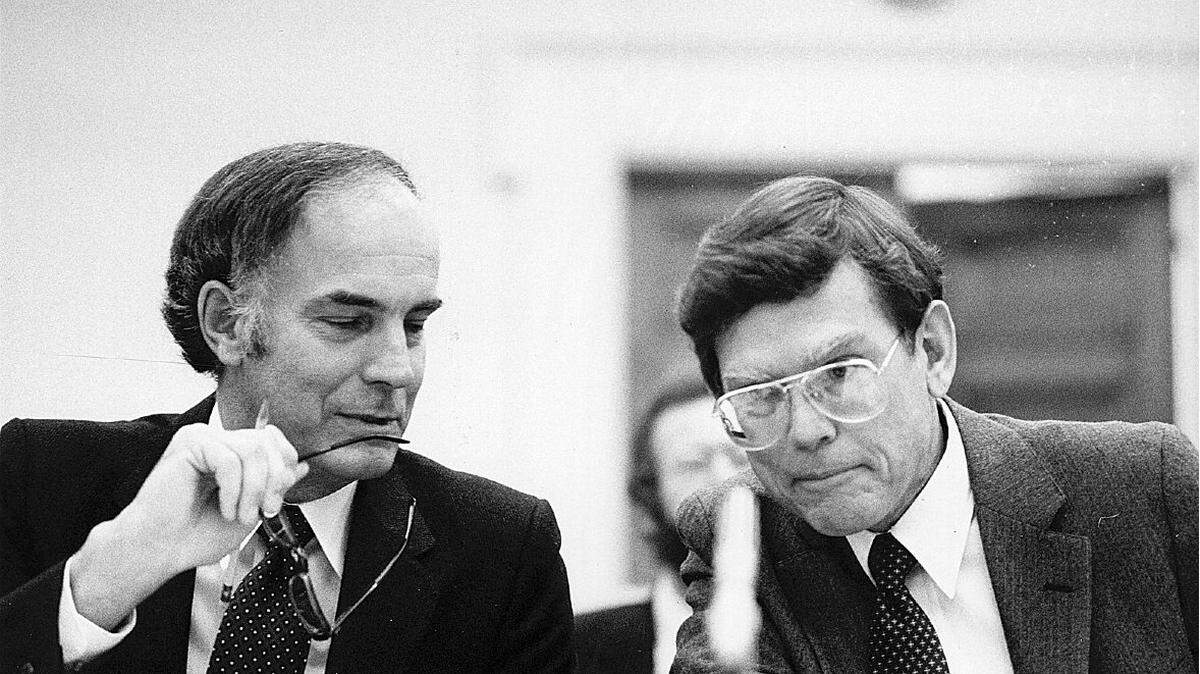 Peter Johnson, BPA administrator in 1981, right, with Dan Evans