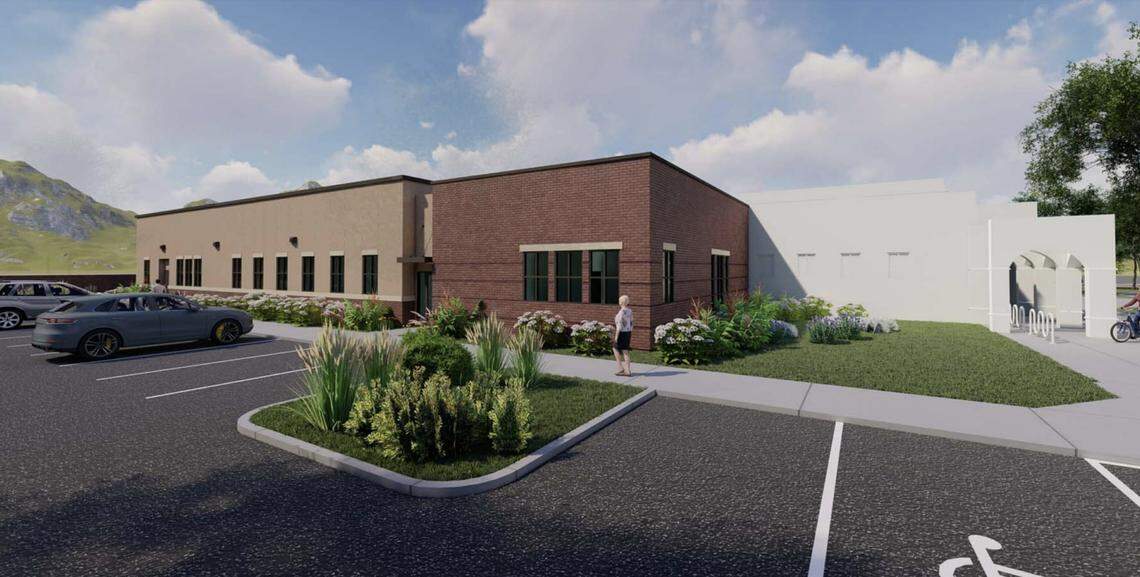 An artist’s rendering shows the northwest corner of the Eagle City Hall addition, which would use the same materials as the current City Hall.