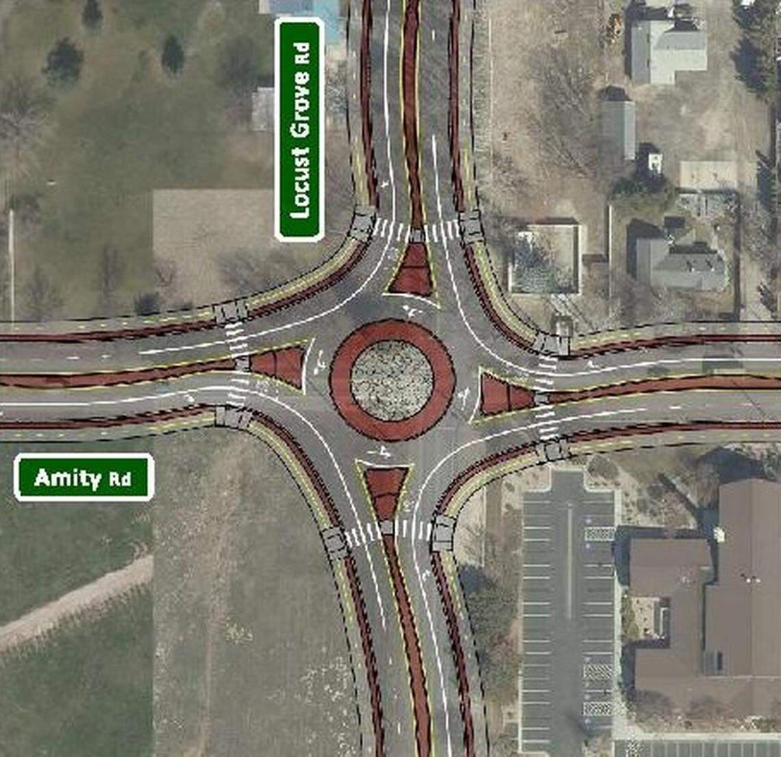 This model shows a proposed roundabout at Amity and Locust Grove roads in southwestern Ada County. This proposal includes right-turn only lanes that became a recent discussion point among highway district commissioners. The initial phase of the roundabout would accommodate traffic until 2042, or until Amity Road is widened to five lanes. After that, the roundabout would be modified to handle heavier traffic.
