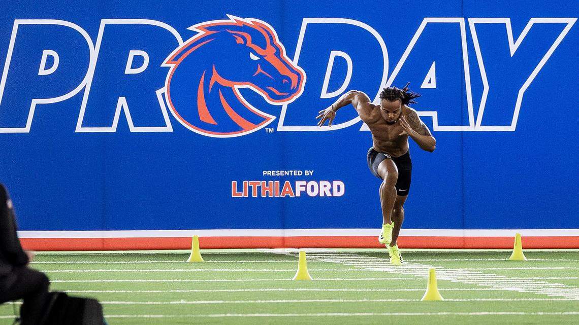 Former Boise State safety Zion Washington launches into his 40-yard dash in front of a group of NFL scouts at Pro Day at the Caven-Williams Sports Complex in Boise, Tuesday, March 24, 2026.