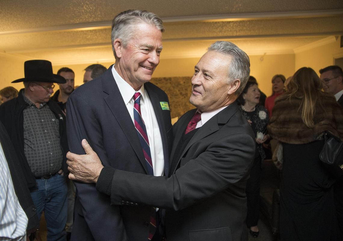 Idaho Lt. Gov. Brad Little talks with Tom Katsilometes of Boise at the Riverside Hotel, the location of the Republican election night party Tuesday, Nov. 6, 2018.