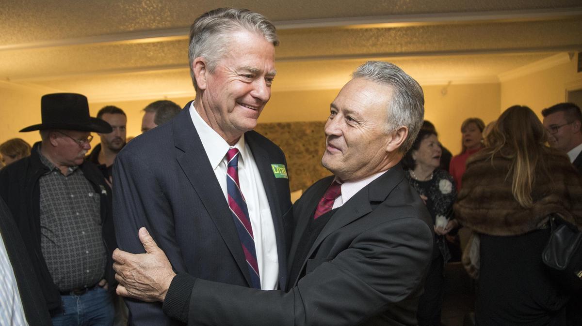 Idaho Lt. Gov. Brad Little talks with Tom Katsilometes of Boise at the Riverside Hotel, the location of the Republican election night party Tuesday, Nov. 6, 2018.