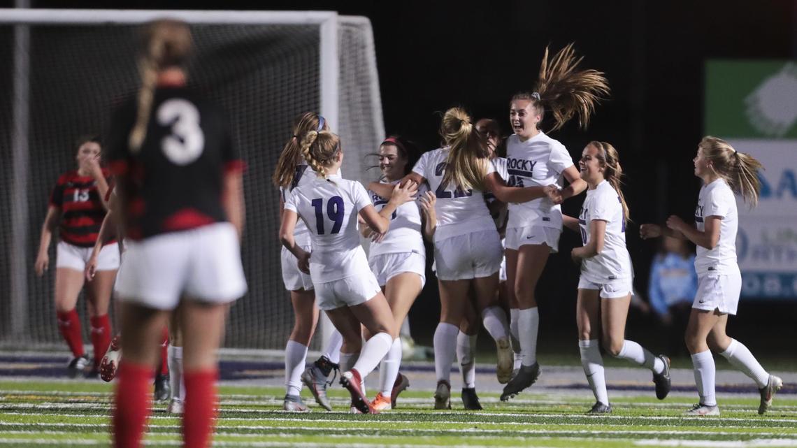 Rocky Mountain midfielder Kelsey Oyler celebrates her first-half goal with teammates in the Grizzlies’ 1-0 win over Boise in the 5A District Three girls soccer championship Wednesday, Oct. 16, 2019 at Rocky Mountain High School in Meridian.