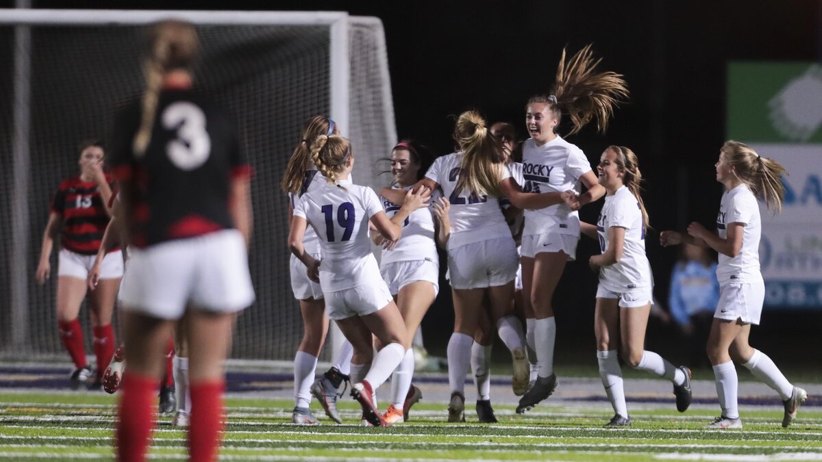 Rocky Mountain midfielder Kelsey Oyler celebrates a goal in the district soccer championship. She was elected Idaho’s all-class girls soccer player of the year by the state’s coaches.