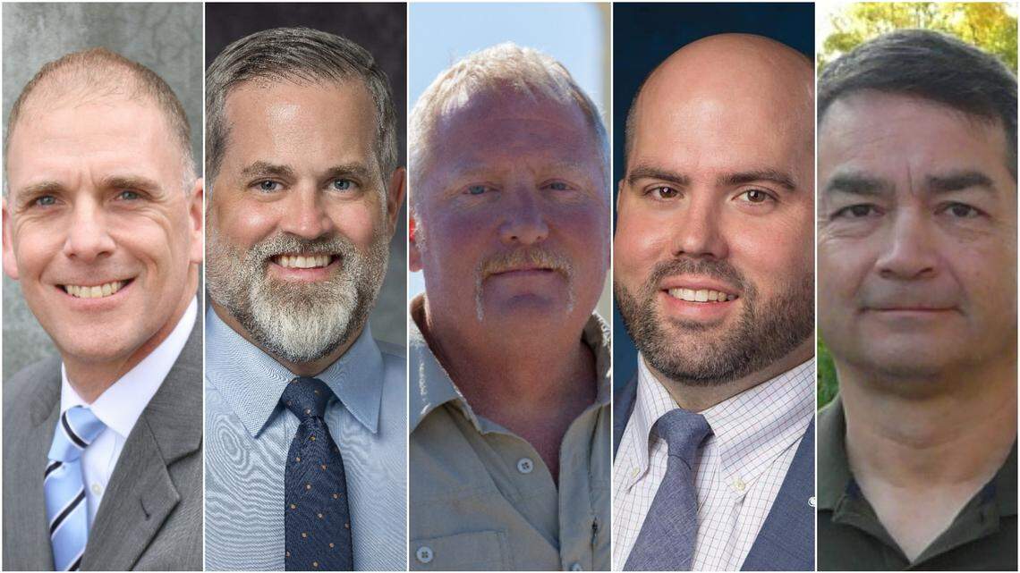 Left to right: City Councilman Joe Borton, City Councilman Treg Bernt, Adam Nelson, City Councilman Luke Cavener and Mike Hon. The three incumbents out-raised their challengers, but still had close races.