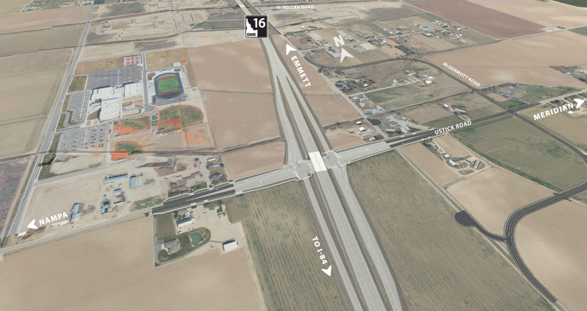 The new Ustick Road interchange will be designed like a “tight diamond” with a “small footprint,” according to ITD.