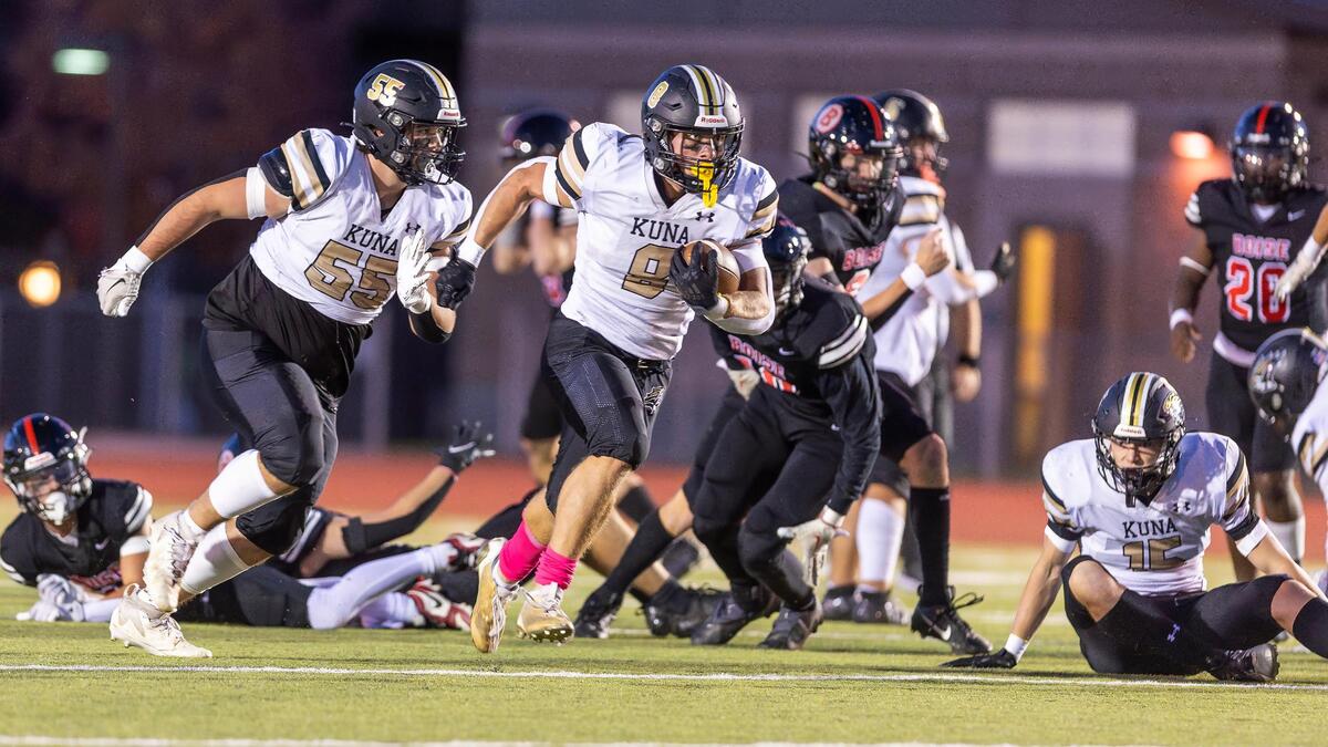 Kuna senior running back Austin Lattimer ran for 308 yards and three touchdows to lead the Kavemen to a 47-44 upset win over No. 3 Boise on Friday night at Dona Larsen Park.
