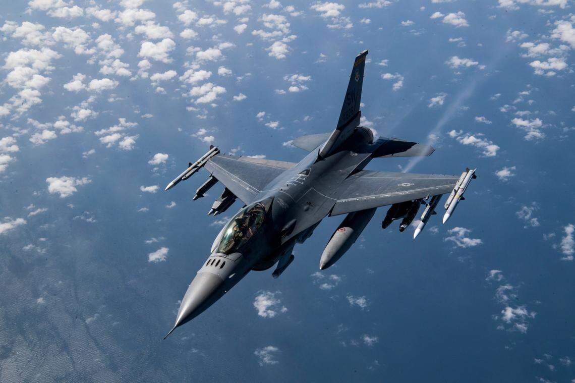 A U.S. Air Force F-16 Fighting Falcon flies over Afghanistan in 2020. The National Guard Bureau is working on an environmental impact statement on how the F-16s may impact areas around Gowen Field.