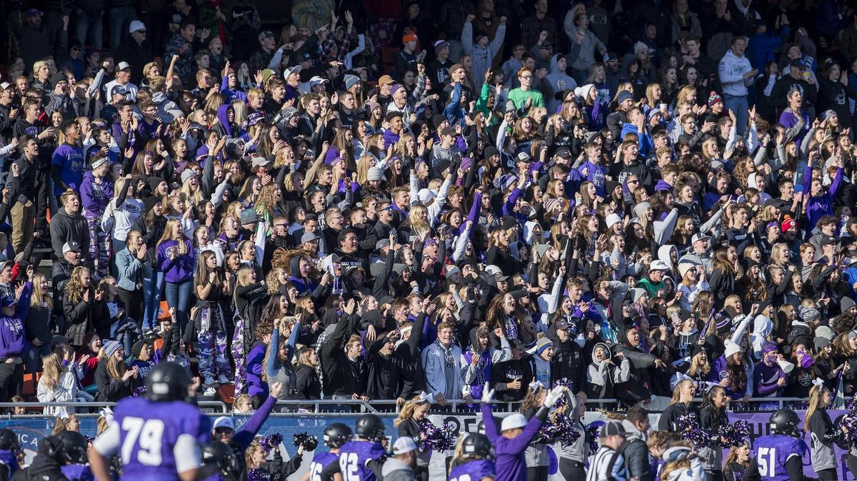 Rocky Mountain students and fans go wild on a 95-yard touchdown run by Nick Romano against Highland in the 5A state football championship Saturday, Nov. 17, 2018 at Albertsons Stadium in Boise.