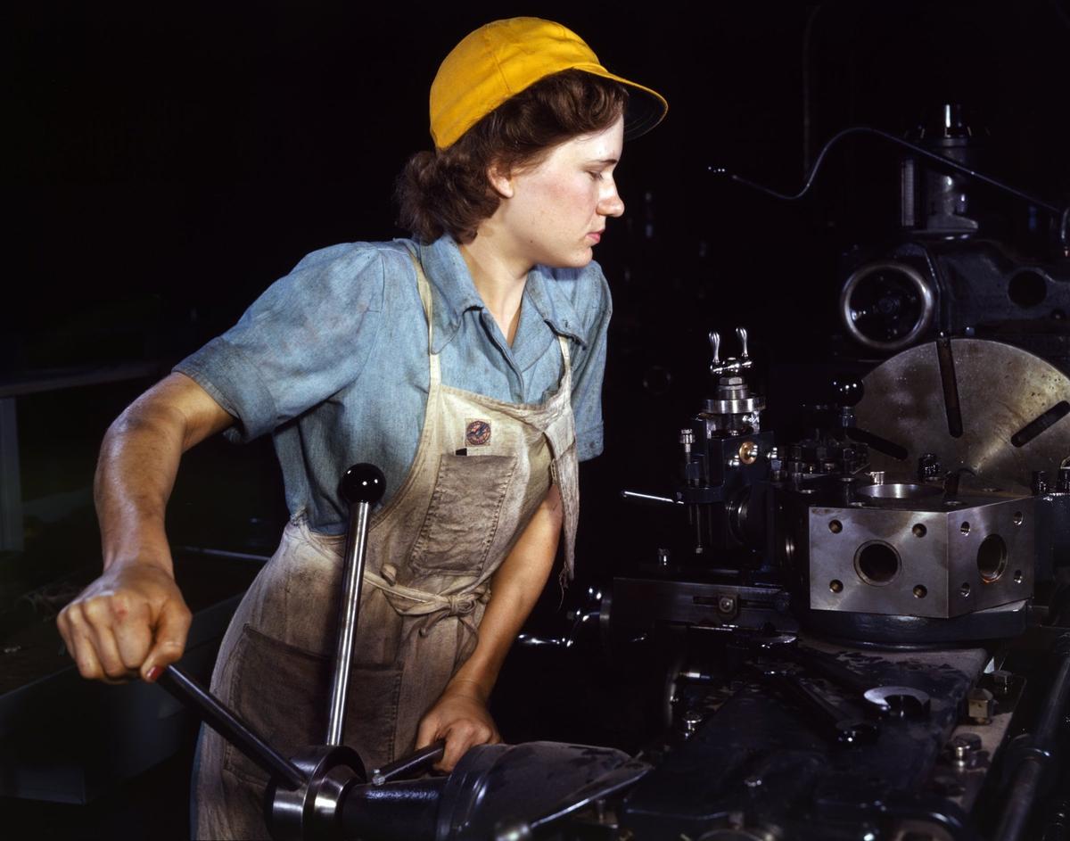 During World War II, women were called into the workforce, often in male-dominated manufacturing, a la “Rosie the Riveter.”