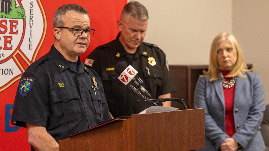Ada County Paramedics Chief Shawn Rayne, shown here talking about a hangar that collapsed in 2024, said the service has struggled with a rise in emergency calls.