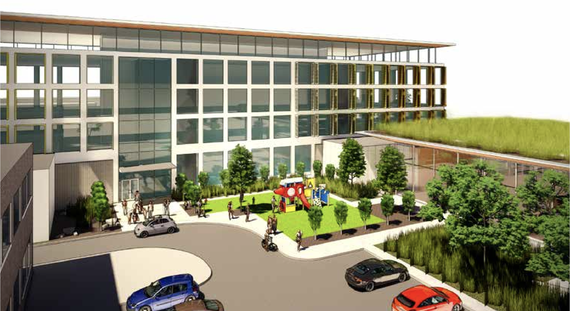 A conceptual rendering of the Meridian Community Center as envisioned by the Galena Opportunity fund would include a small playground, a green roof and a few handicap parking stalls located near the entrance.