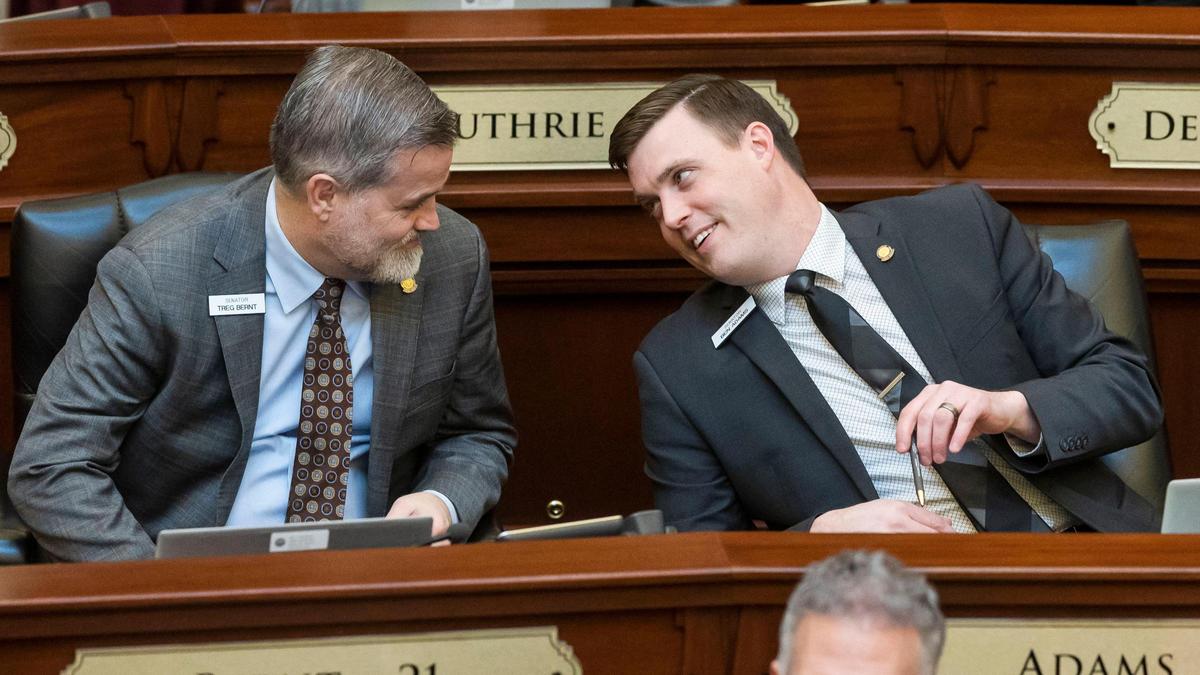 Treasure Valley senators Ben Adams, right, and Treg Bernt, left, found themselves on opposite sides of the bill this week. 
