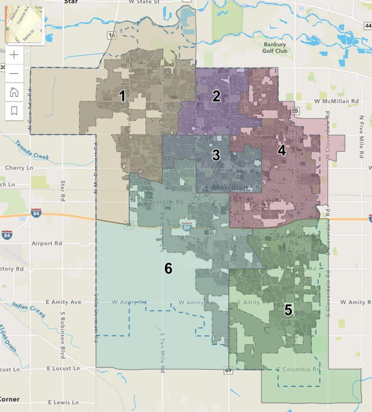 A map showing Meridian’s six City Council districts, first implemented in 2023. Whitlock serves in District 1; Overton in District 4; and Cavener in District 6.
