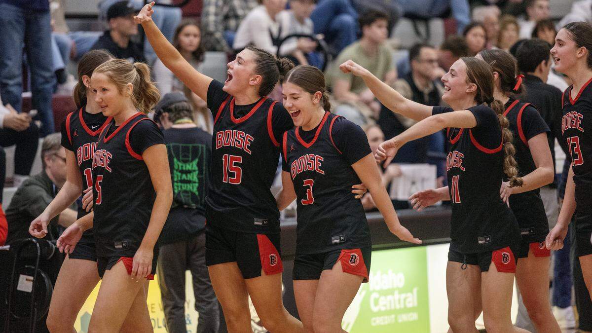 Boise reacts to their win over Middleton in the semifinals of the 6A District Three girls basketball tournament held at Centennial High School, Saturday, Feb. 7, 2026. Boise won 59-51.