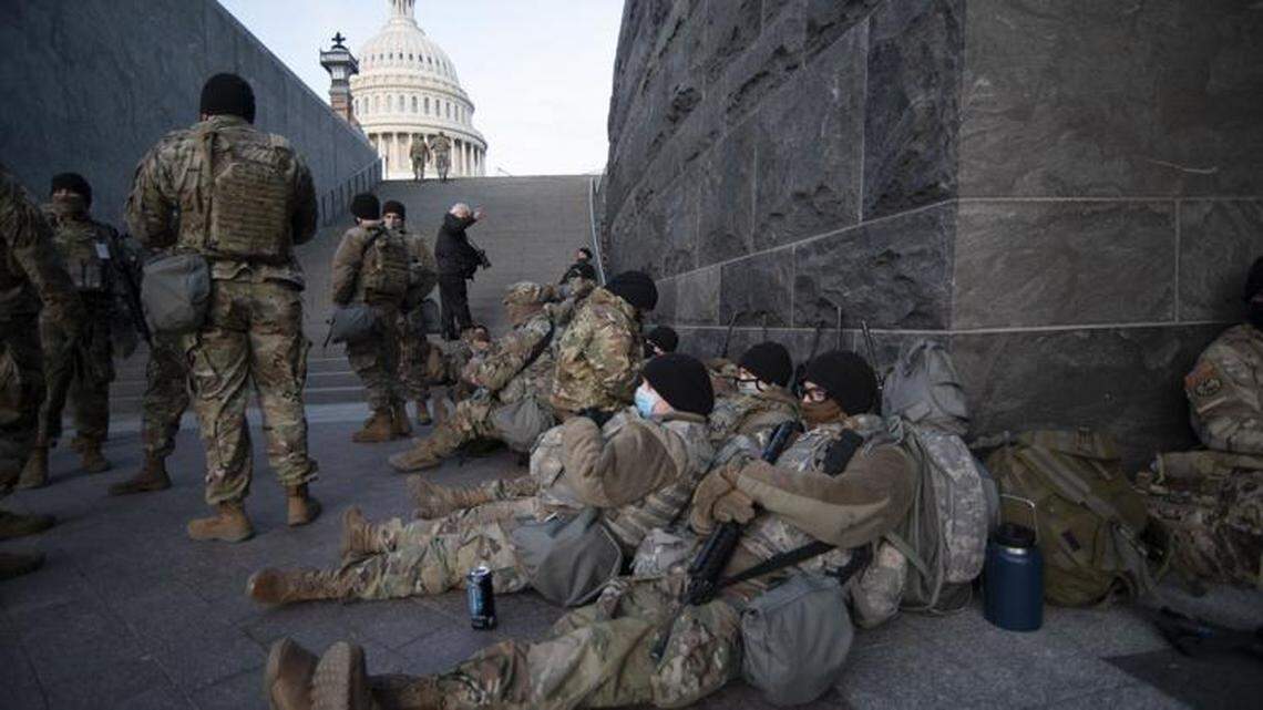 U.S. Army soldiers assigned to the Idaho National Guadrd’s 2nd Squadron, 116th Cavalry Regiment, 116th Cavalry Brigade Compat Team, go on break while they provide support on Jan. 19, 2021, in Washington, D.C., for the Jan. 20 presidential inauguration.
