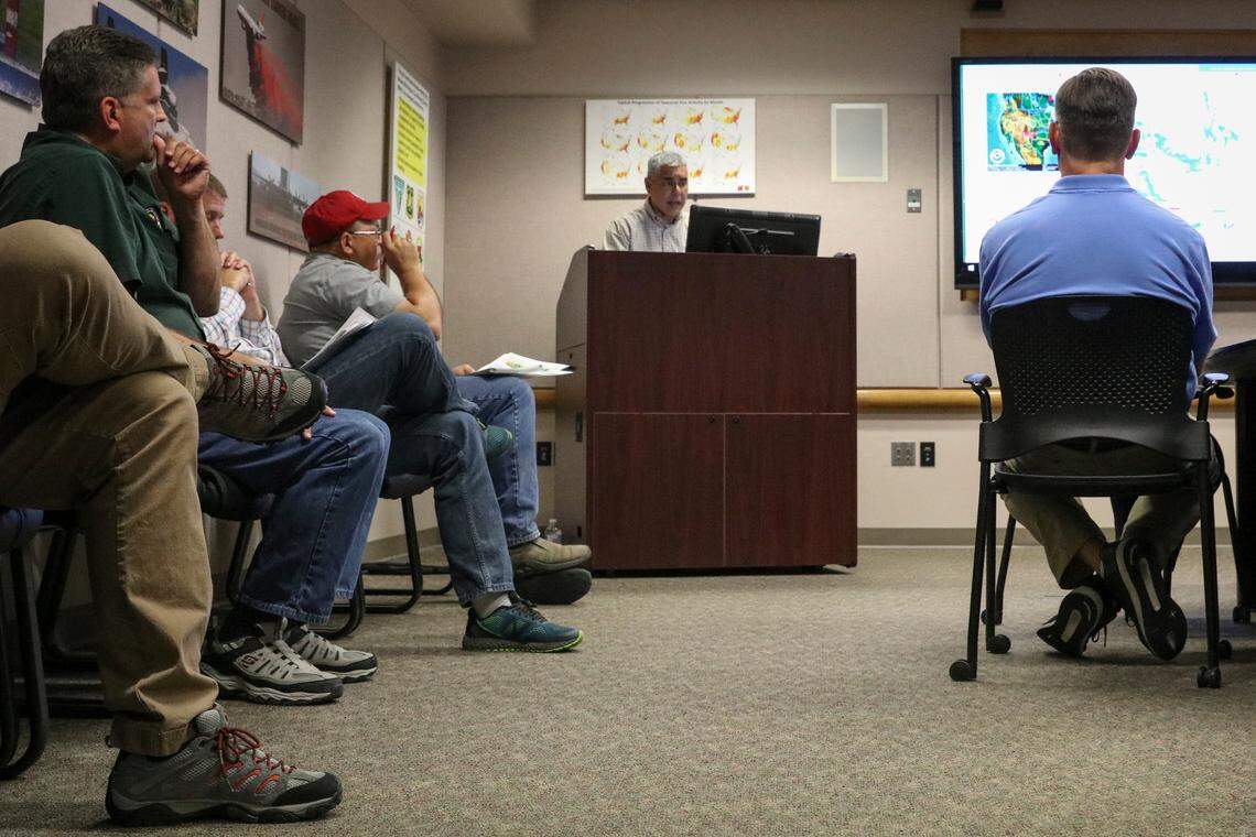 Ed Delgado, NIFC’s national program director for predictive services, gives a briefing on how forecasted weather could affect nationwide wildfires on July 16, 2018.
