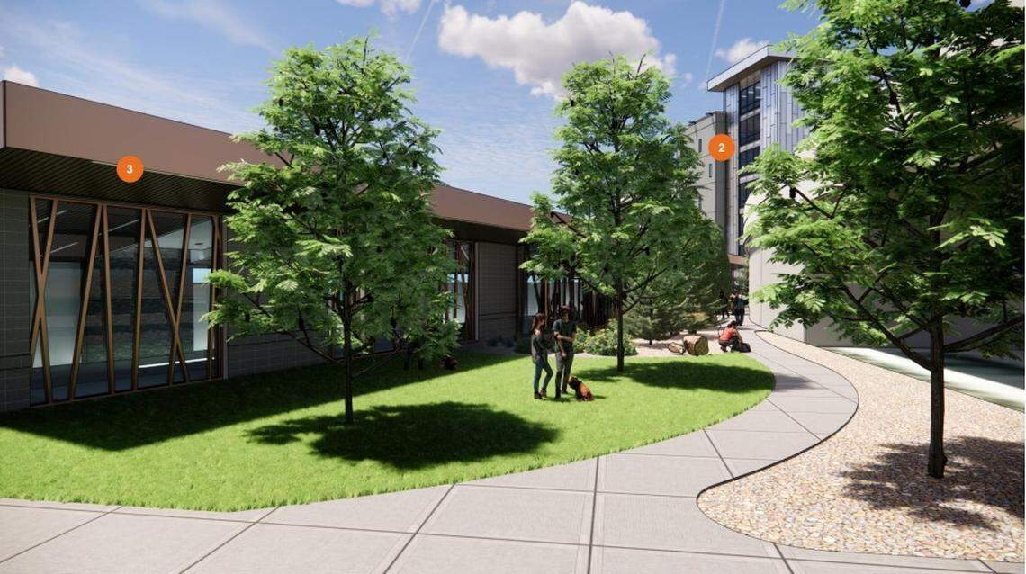 This architect’s rendering shows an addition, labeled as 3, that would connect the car-rental center to the main terminal, along with an adjoining walkway and lawn. One part of the new center, labeled as 2, would house customer service.