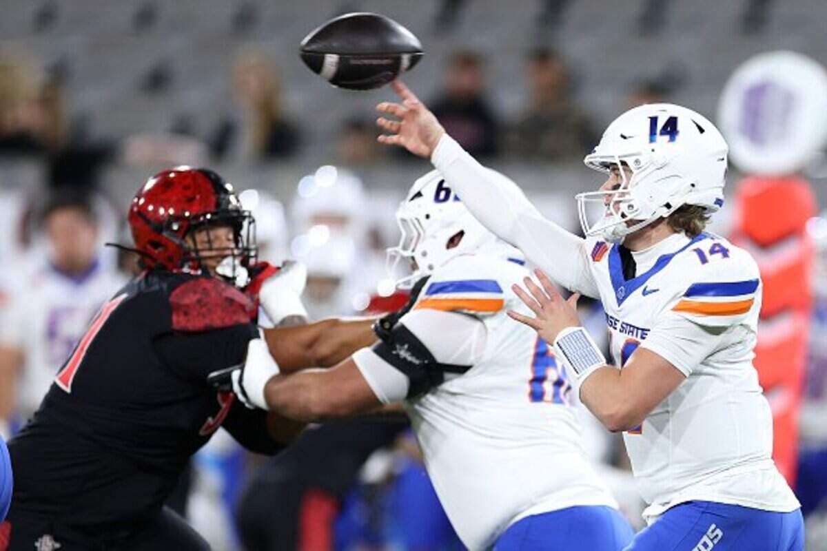SAN DIEGO, CALIFORNIA - NOVEMBER 15: Max Cutforth #14 of the Boise State Broncos passes the ball during the first half of a game against the San Diego State Aztecs at Snapdragon Stadium on November 15, 2025 in San Diego, California. (Photo by Sean M. Haffey/Getty Images)