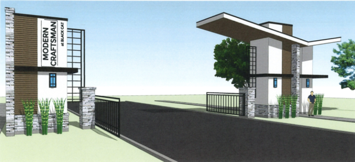 The entrance to the Modern Craftsman subdivision would feature these minimalist columns and landscaping, as shown in a rendering of he proposed development.
